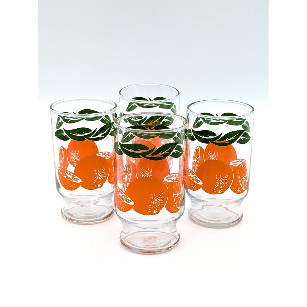 Vintage Anchor Hocking Orange Citrus Footed Juice Glasses Set of 4 Retro 70s 80s